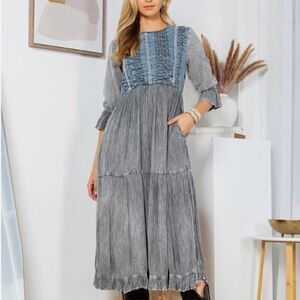 NEW! Beautiful Denim Tiered Dress with Lace and Aari Embroidery Gray Blue